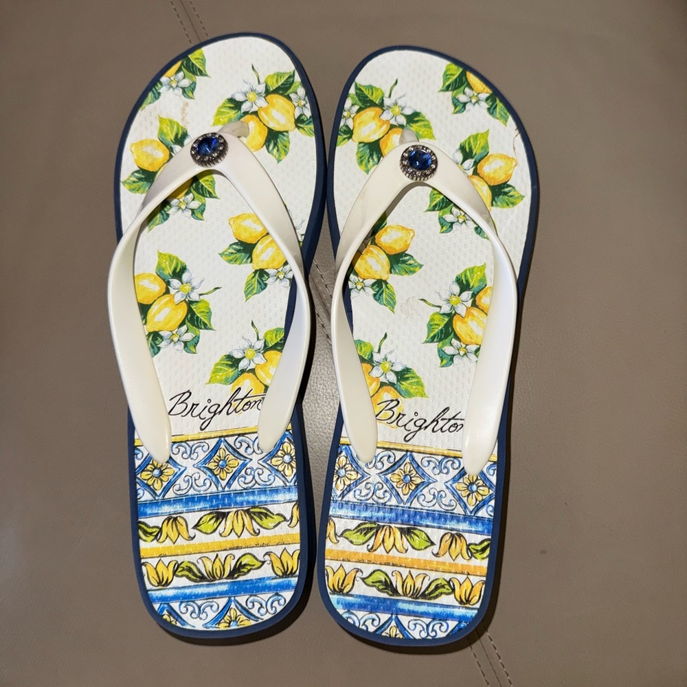 Brighton Lemon Print Sandals - Blue and White